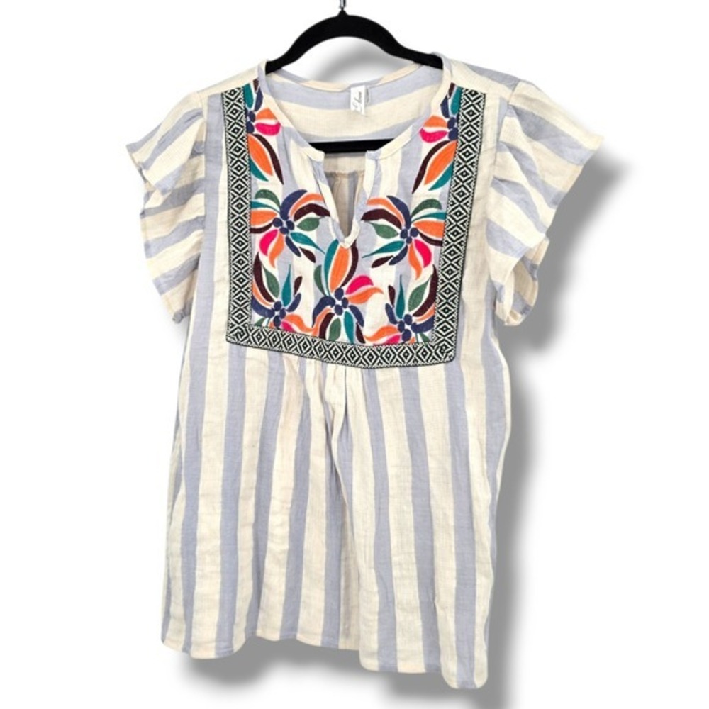 I Love Embroidered Striped‎ Top Bohemian Blouse Flutter Sleeve Medium